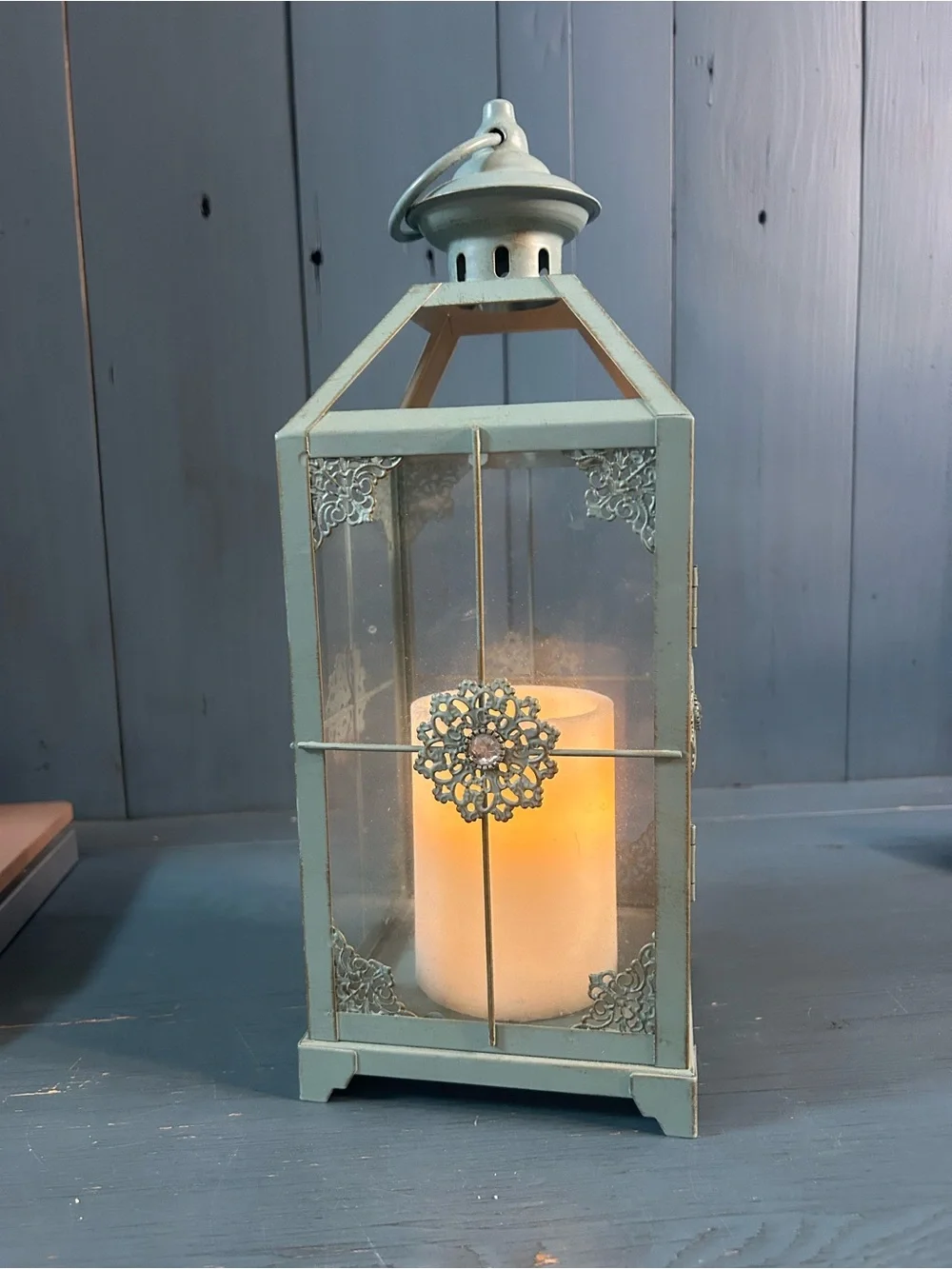 Pier 1 Imports Light Blue Metal Decorative Lantern with Filigree Medallion